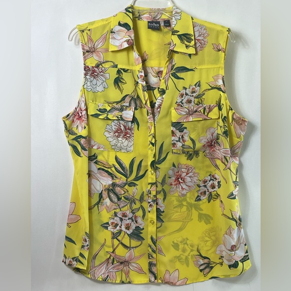 Soho New York & Company Jeans Women’s Yellow Floral Sleeveless Blouse Sz XL - Picture 1 of 11